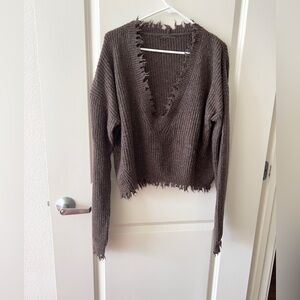 Uma Wang Style Distressed Deep V-neck Loose Fit Wool Cropped Sweater Jumper